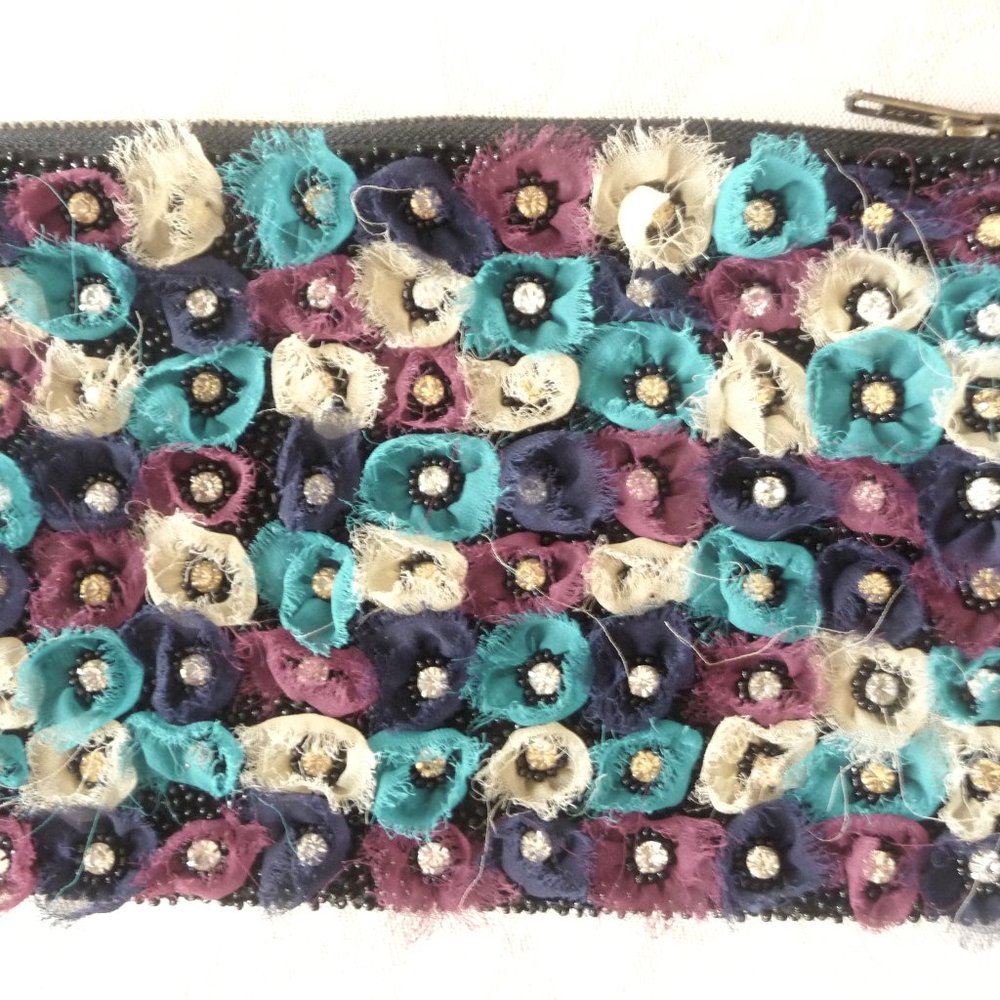 Vintage Clutch Evening Purse 3D Flowers Glass Beaded Satin Lining Bohemian Rare